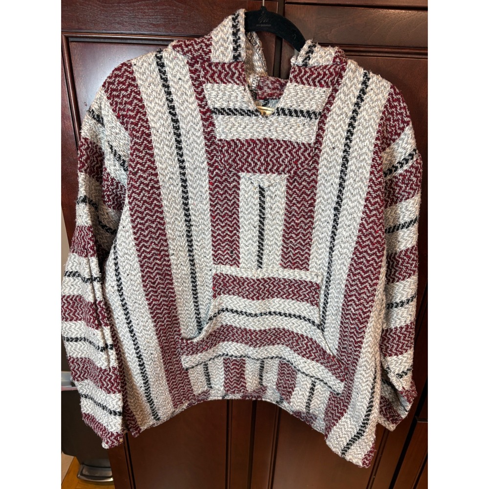 Vintage Mexican Baja Joe Hoodie Burgundy Grey Striped Jerga Pullover Sweatshirt